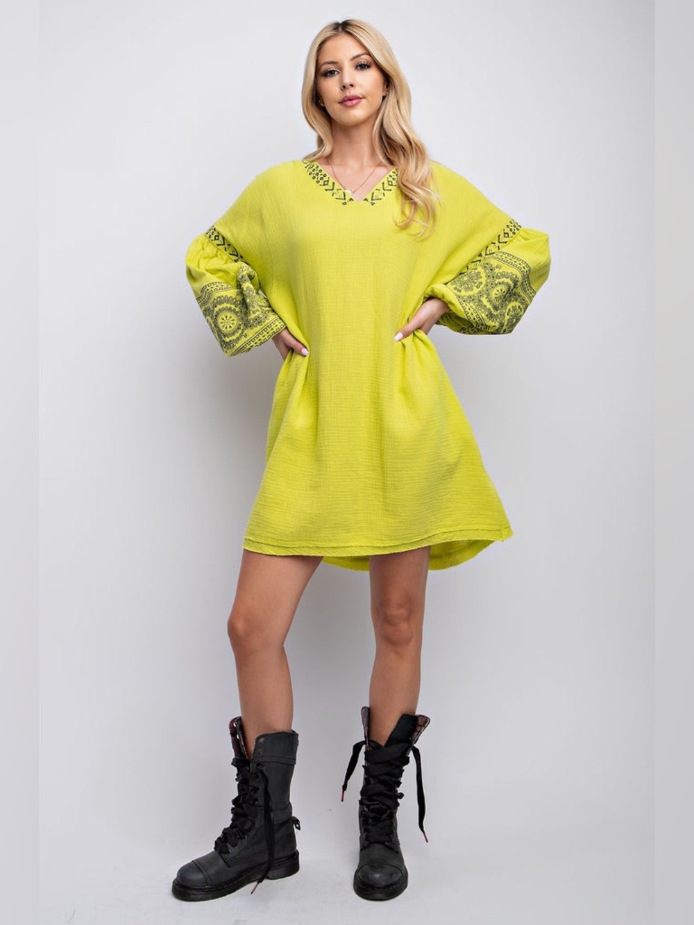 easel Lime Green Embroidered V-Neck Mini Dress